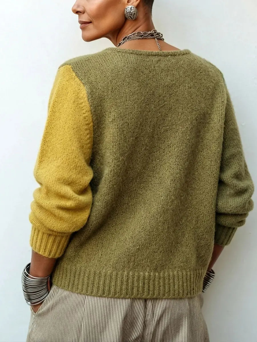 Women's Colour-Block Knit Jumper with Asymmetric Buttons, Relaxed Fit