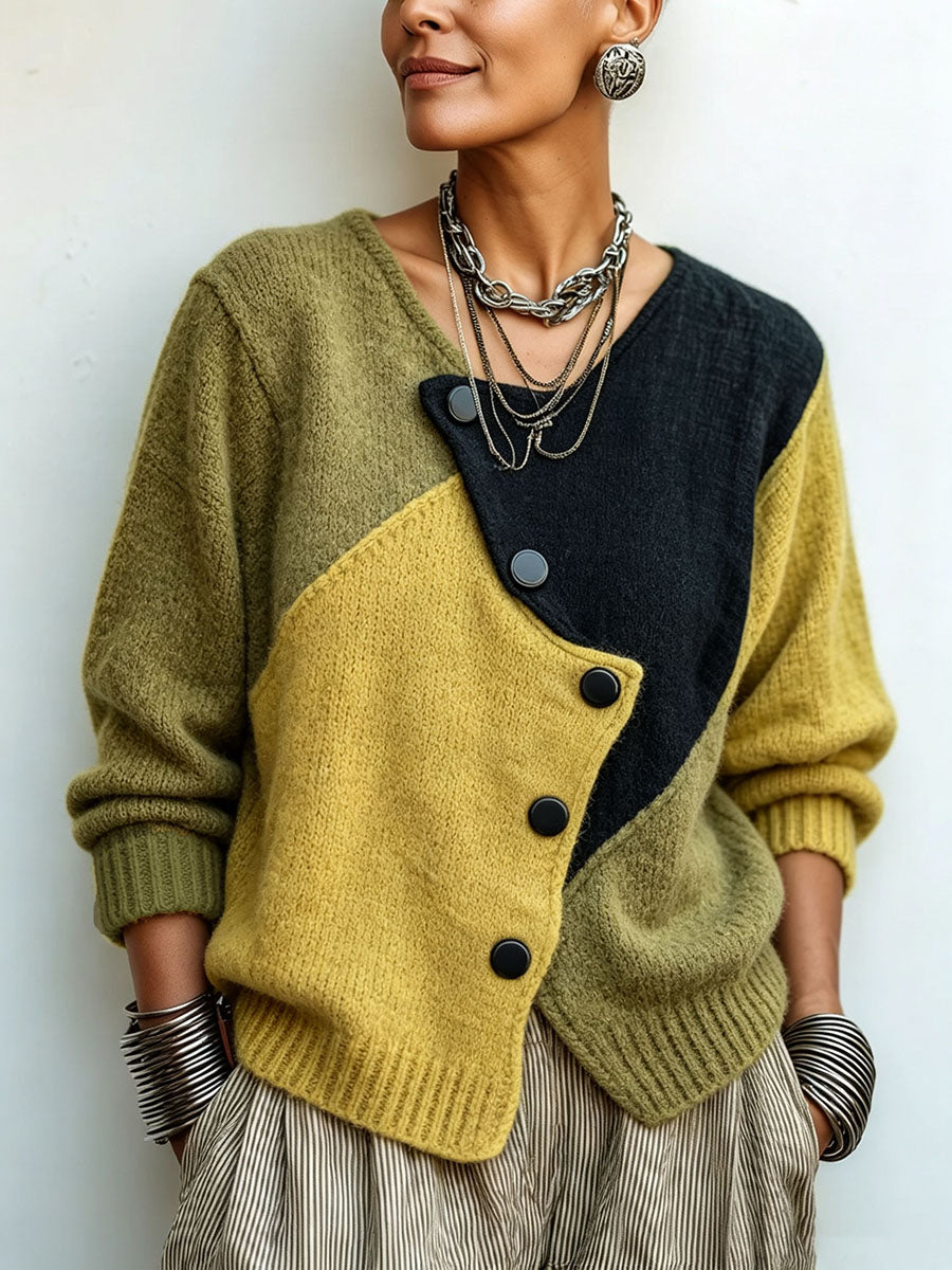 Women's Colour-Block Knitted Jumper with Asymmetric Buttons, Relaxed Fit