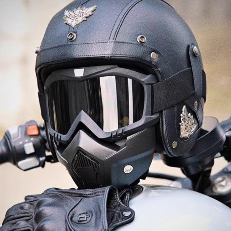 Vintage Open-Face Retro Motorcycle Helmet with Mask and Goggles