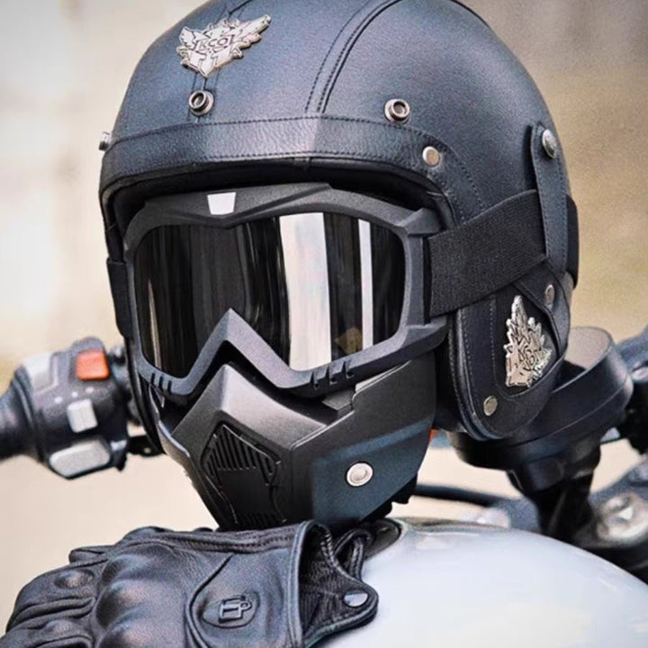 Vintage Open-Face Retro Motorcycle Helmet with Mask and Goggles
