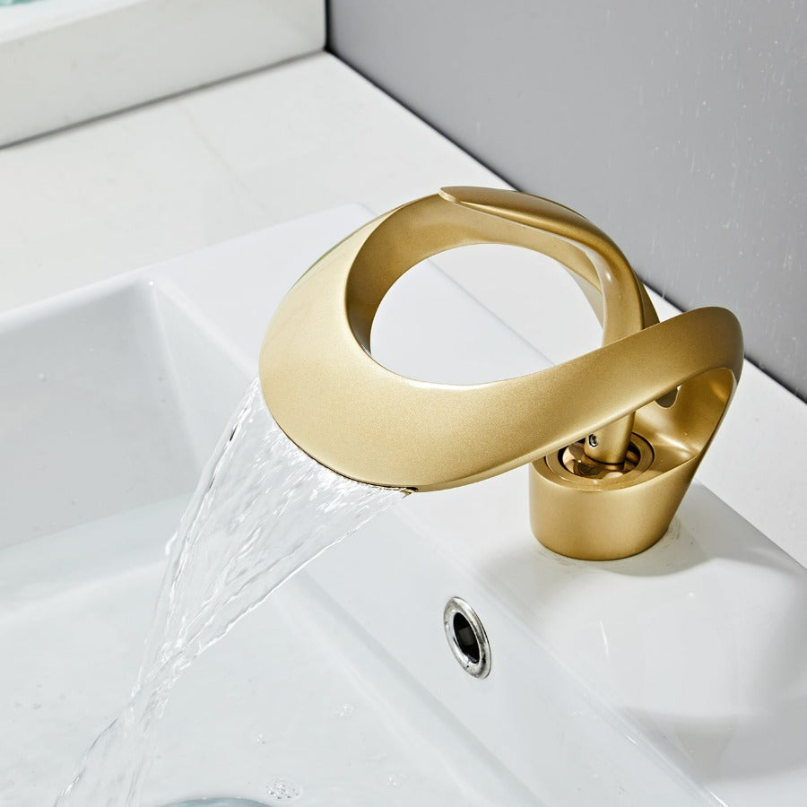 FlowArc – Modern Bathroom Tap with Waterfall Spout and Minimalist Operation