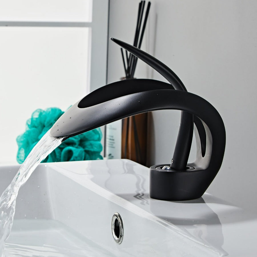 FlowArc – Modern Bathroom Tap with Waterfall Spout and Minimalist Operation