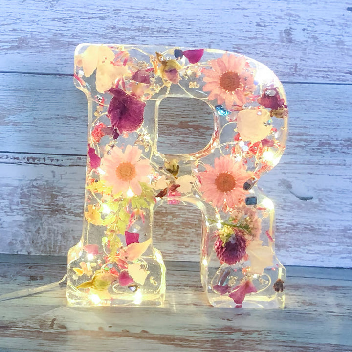 LumiFlair Floral Initial Night Light | Personalised Resin Light with Soft LED Light