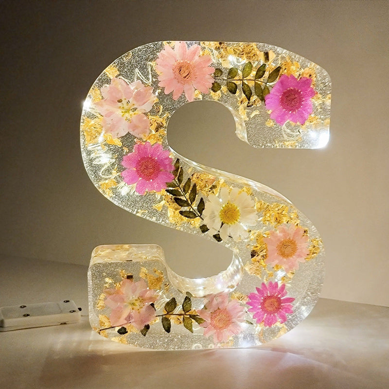 LumiFlair Floral Initial Night Light | Personalised Resin Light with Soft LED Light