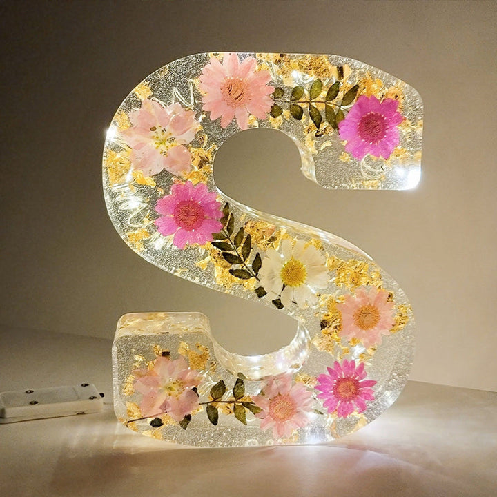 LumiFlair Floral Initial Night Light | Personalised Resin Light with Soft LED Light