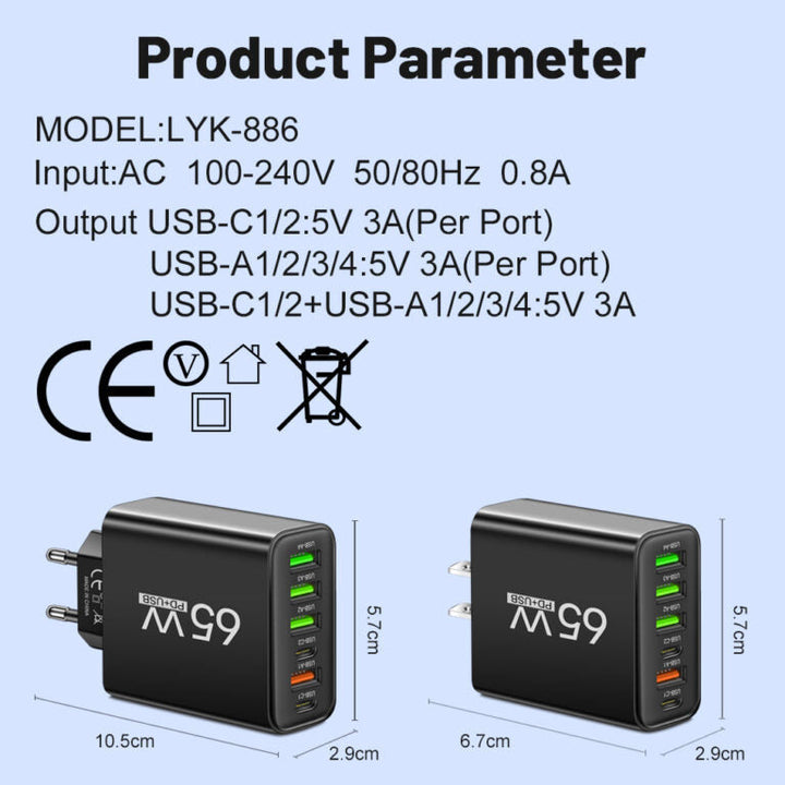 PowerMax 65W 6-in-1 Fast Charger – Charges up to 6 Devices Simultaneously – Ideal for Home, Office and Travel