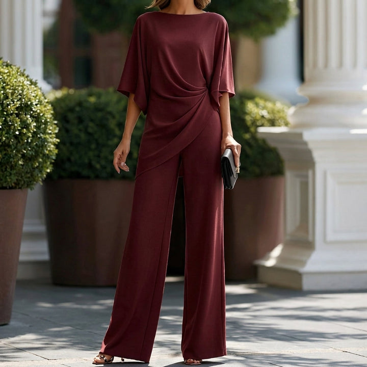 Draped Blouse and Wide-Leg Trousers – Two-Piece Set