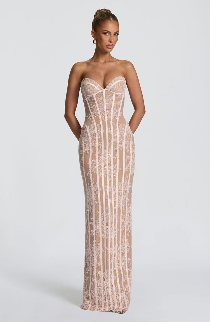 Strapless Floral Lace Maxi Dress with Corset