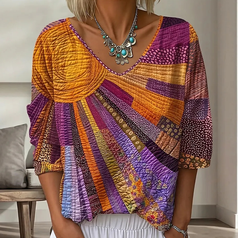Women's Retro Patchwork Blouse with V-Neck