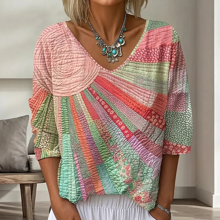 Women's Retro Patchwork Blouse with V-Neck