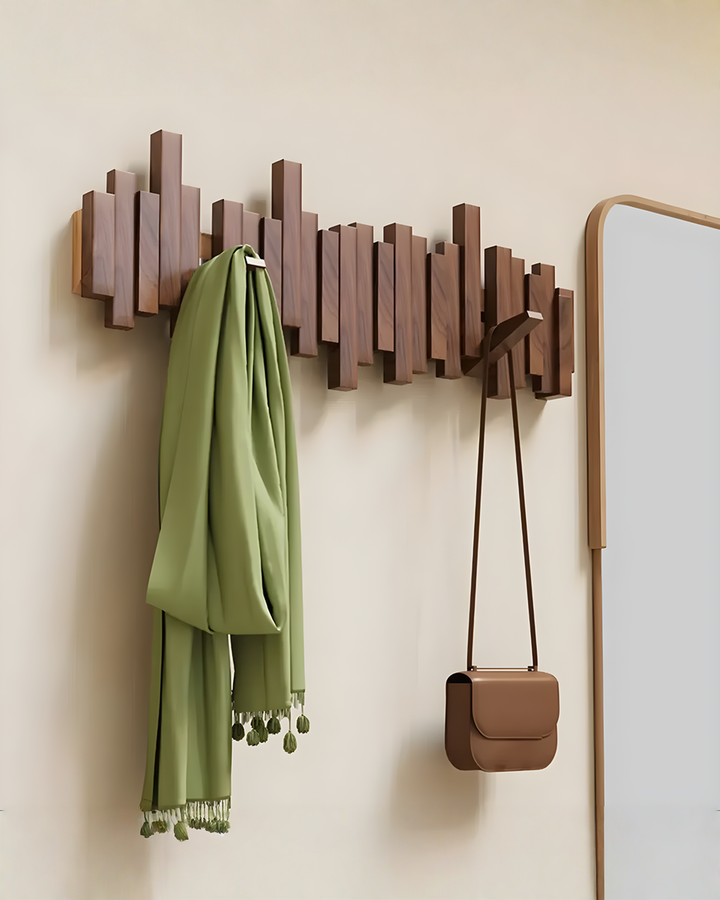 Wooden coat rack with folding magnetic hooks – beech, 3–10 hooks