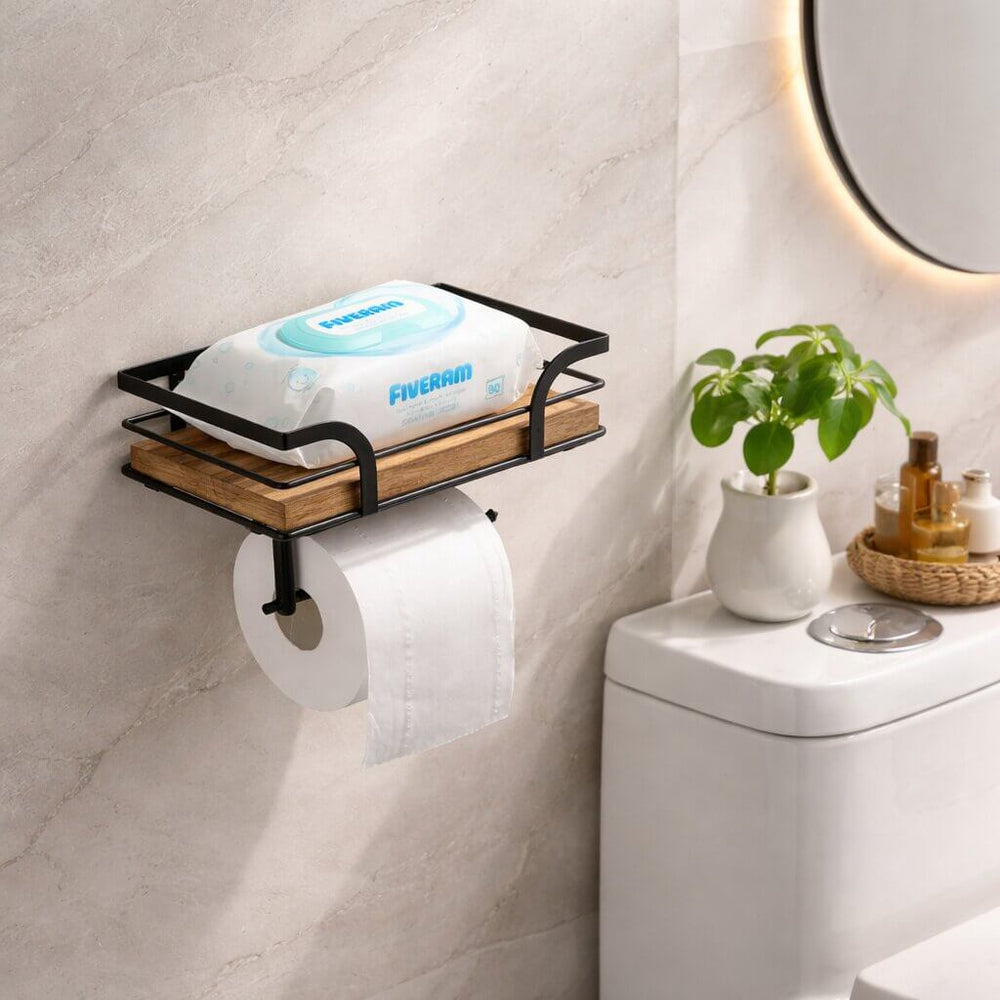 Wall-Mounted Toilet Roll Holder with Shelf for Phone and Tissues
