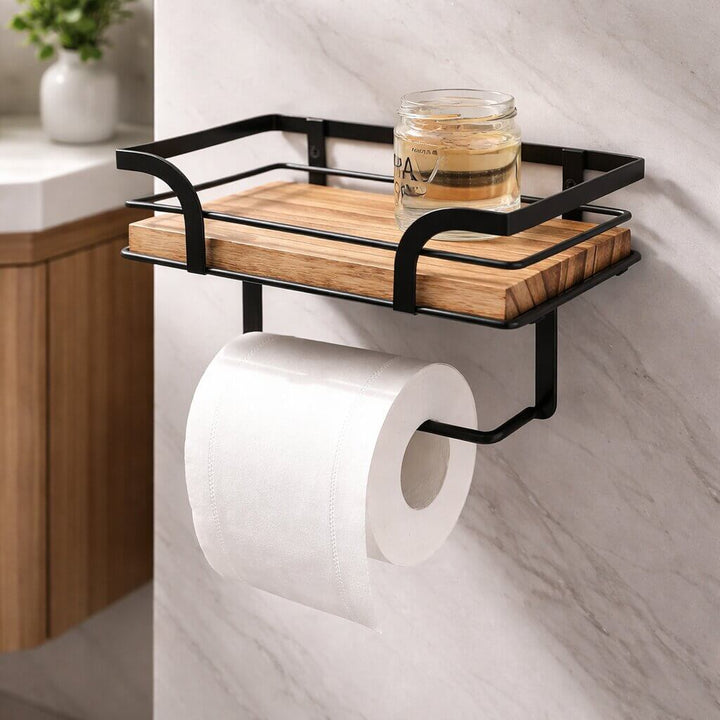 Wall-Mounted Toilet Roll Holder with Shelf for Phone and Tissues
