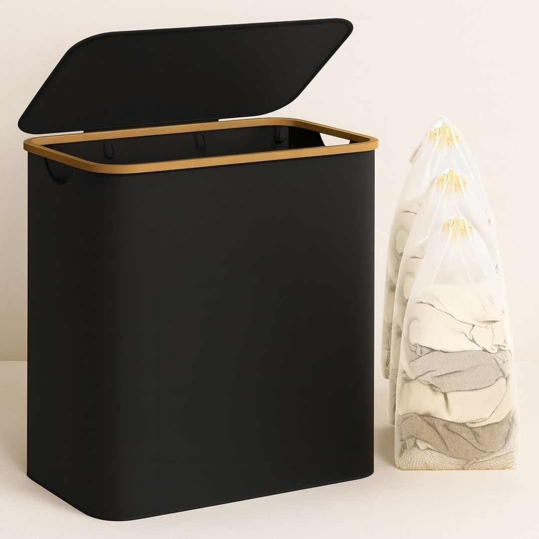 Laundry Basket with Lid | Laundry Sorter with 3 Compartments in Black, Beige and Grey | WäscheBox