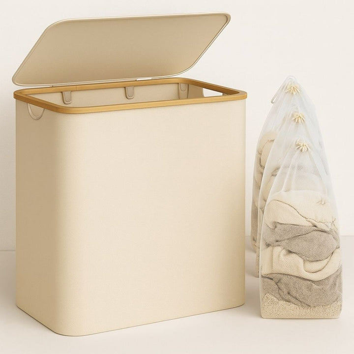 Laundry Basket with Lid | Laundry Sorter with 3 Compartments in Black, Beige and Grey | WäscheBox