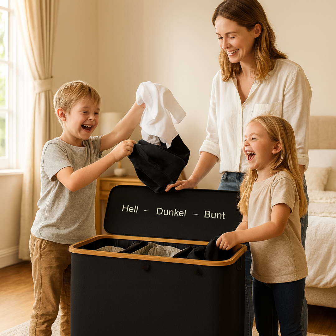 Laundry Basket with Lid | Laundry Sorter with 3 Compartments in Black, Beige and Grey | WäscheBox