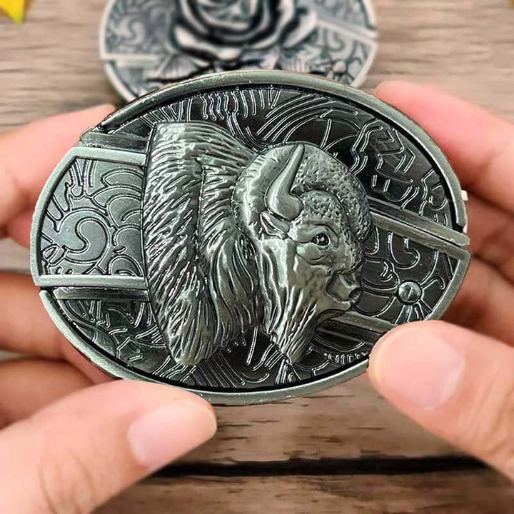 Oval Belt Buckle with Bull Skull and Hidden Knife
