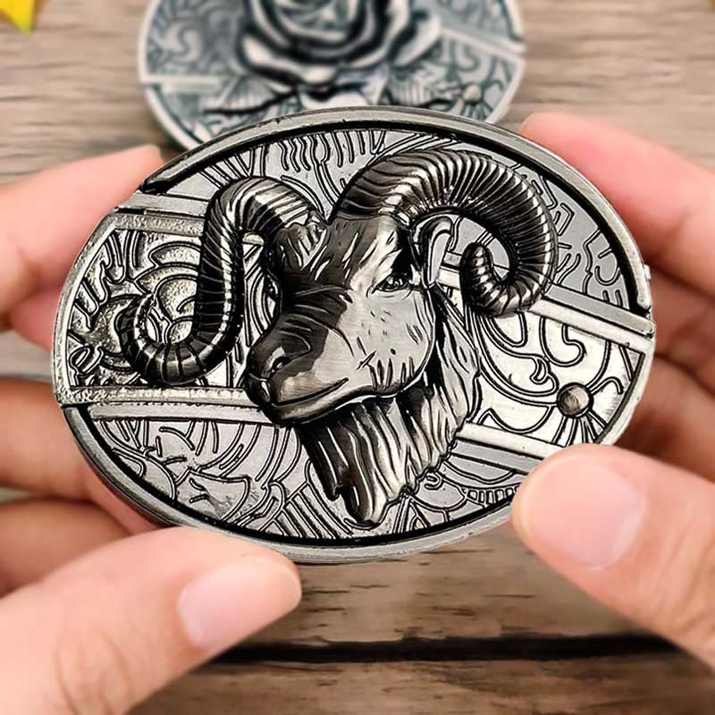 Oval Belt Buckle with Bull Skull and Hidden Knife