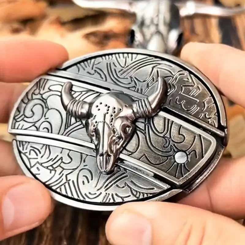 Oval Belt Buckle with Bull Skull and Hidden Knife