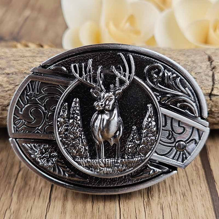 Oval Belt Buckle with Bull Skull and Hidden Knife
