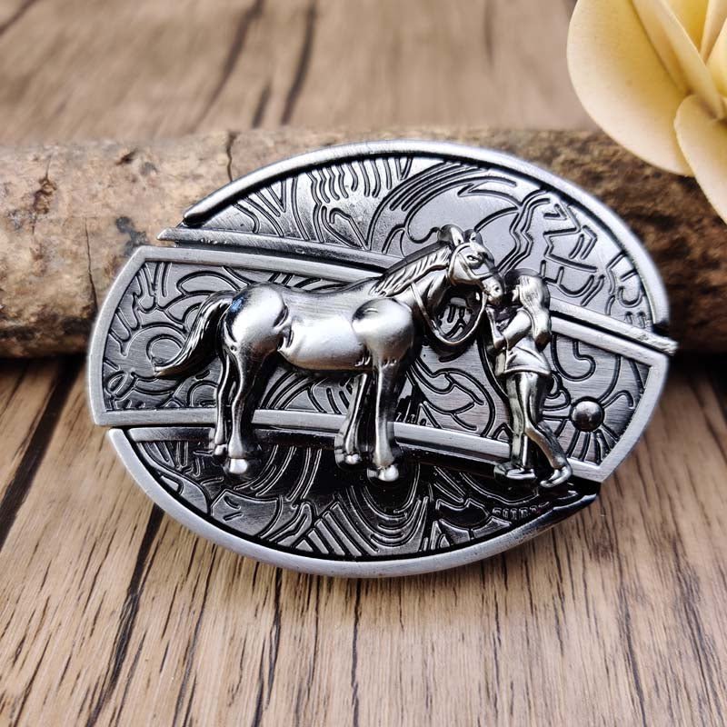Oval Belt Buckle with Bull Skull and Hidden Knife