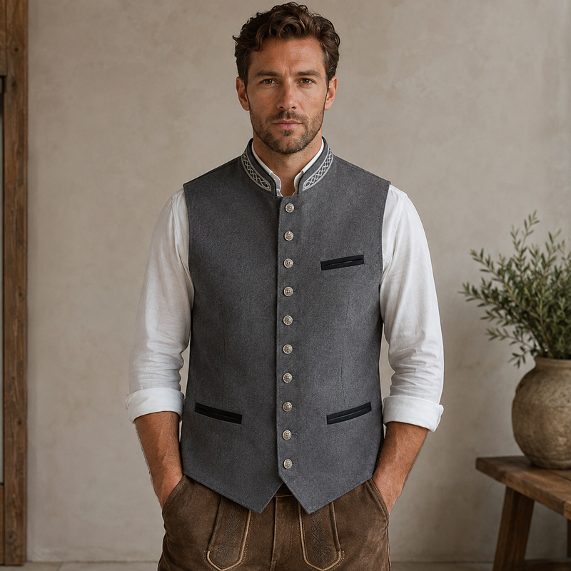 Men's Grey Bavarian-Style Waistcoat with Buttons