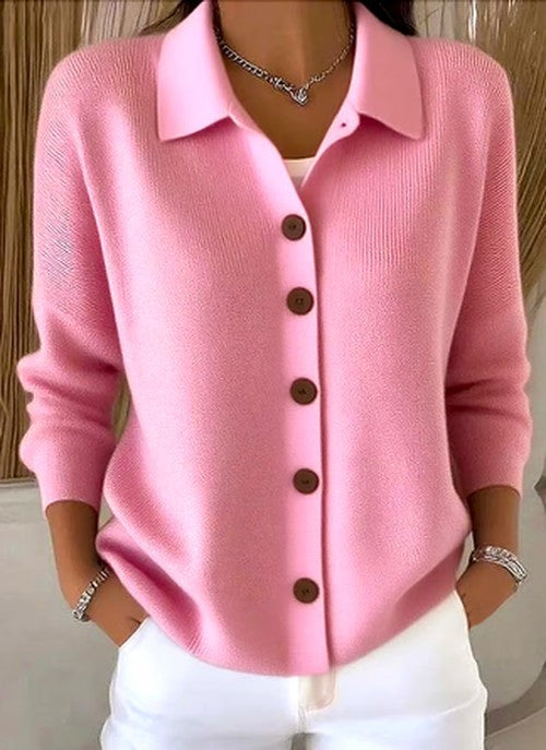 Women's Knit Cardigan with Button Placket and Relaxed Collar